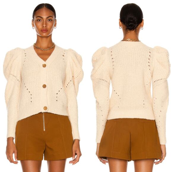 Ulla Johnson Emmy Knit Cardigan Puff Sleeve Sweater in Dawn Cream - Picture 2 of 5